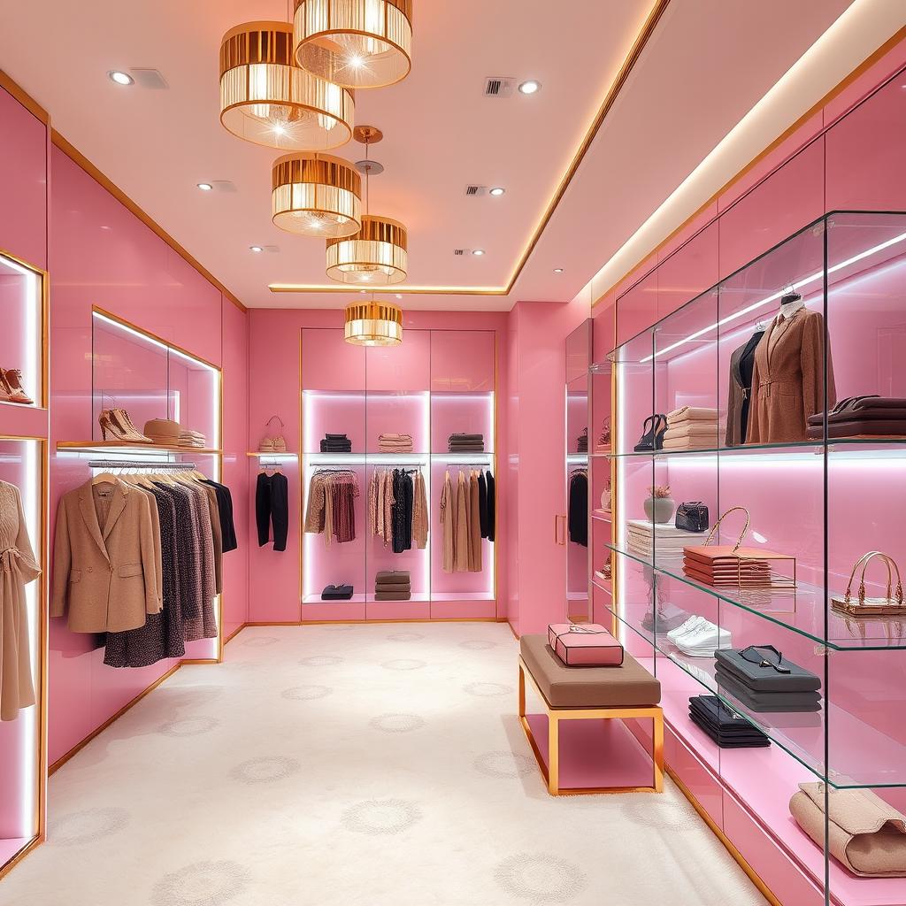 A luxurious women's clothing boutique featuring a predominant pink color theme, elegantly combined with golden details throughout the space