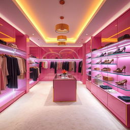 A luxurious women's clothing boutique featuring a predominant pink color theme, elegantly combined with golden details throughout the space