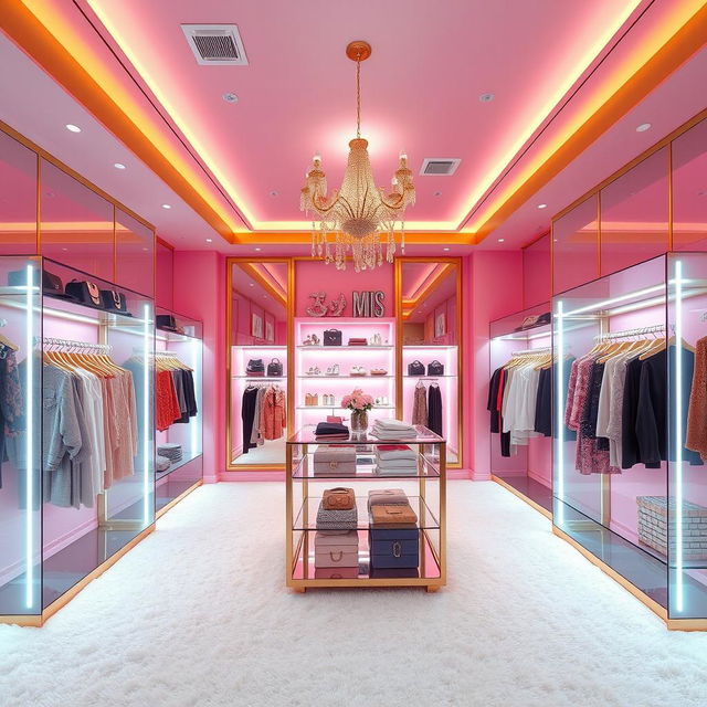 A luxurious women's clothing boutique featuring a predominant pink color theme, elegantly combined with golden details throughout the space