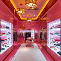 A luxurious women's clothing boutique featuring a predominant pink color theme, elegantly combined with golden details throughout the space