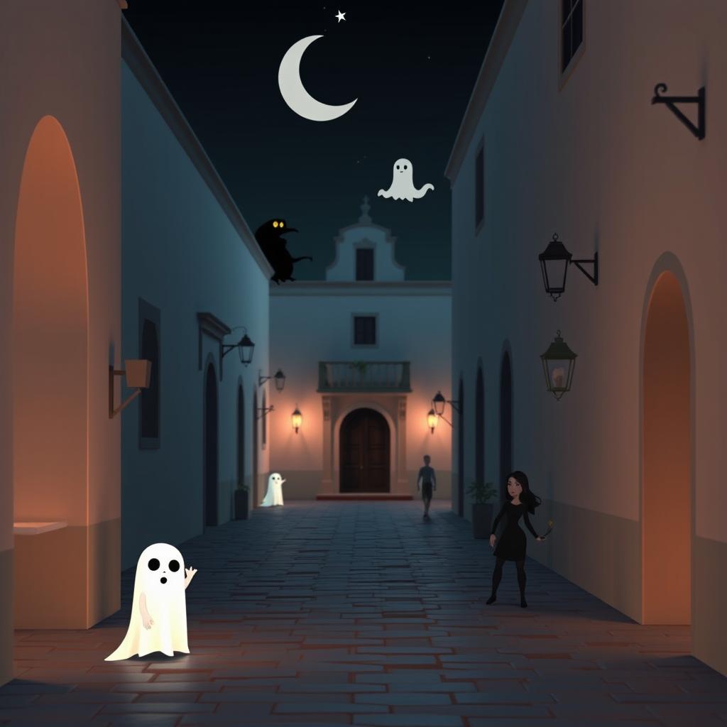 A 3D animated minimalist scene inspired by Disney, featuring Antigua Guatemala with a horror theme