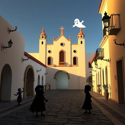 A 3D animated minimalist scene inspired by Disney, featuring Antigua Guatemala with a horror theme