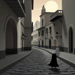 A 3D animated minimalist scene inspired by Disney, featuring Antigua Guatemala with a horror theme