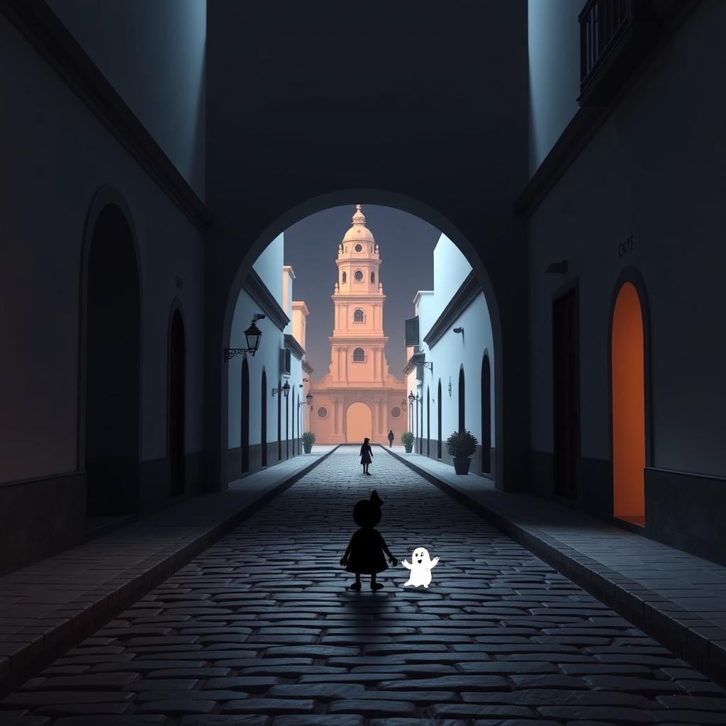 A 3D animated minimalist scene inspired by Disney, featuring Antigua Guatemala with a horror theme