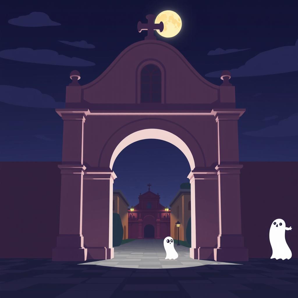 A minimalist 3D animated depiction of the Santa Catalina Arch in Antigua Guatemala, with a Disney-inspired horror theme