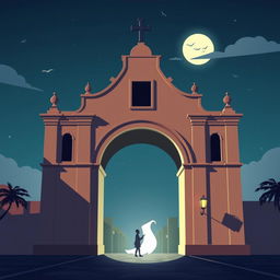 A minimalist 3D animated depiction of the Santa Catalina Arch in Antigua Guatemala, with a Disney-inspired horror theme