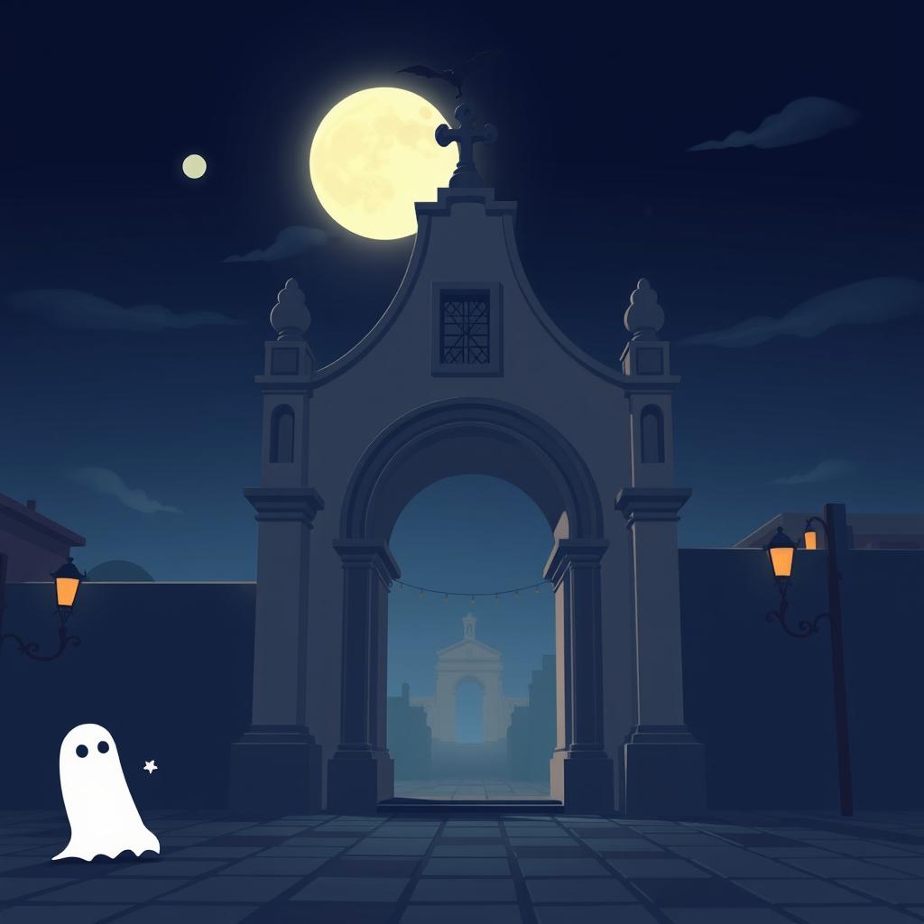 A minimalist 3D animated depiction of the Santa Catalina Arch in Antigua Guatemala, with a Disney-inspired horror theme