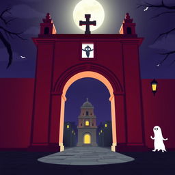 A minimalist 3D animated depiction of the Santa Catalina Arch in Antigua Guatemala, with a Disney-inspired horror theme