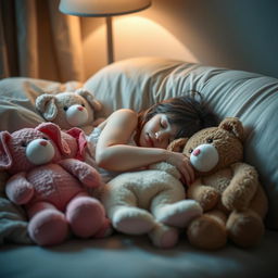 a comfortable room with a cozy atmosphere, plush toys resembling female stuffed animals arranged in a suggestive but non-explicit manner, emphasizing a sense of companionship and warmth