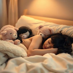 a comfortable room with a cozy atmosphere, plush toys resembling female stuffed animals arranged in a suggestive but non-explicit manner, emphasizing a sense of companionship and warmth