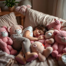 a comfortable room with a cozy atmosphere, plush toys resembling female stuffed animals arranged in a suggestive but non-explicit manner, emphasizing a sense of companionship and warmth