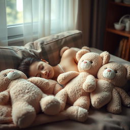 a comfortable room with a cozy atmosphere, plush toys resembling female stuffed animals arranged in a suggestive but non-explicit manner, emphasizing a sense of companionship and warmth