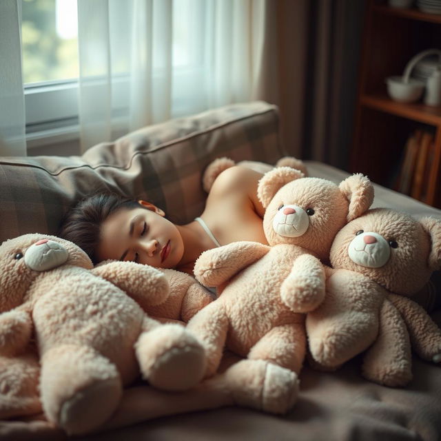 a comfortable room with a cozy atmosphere, plush toys resembling female stuffed animals arranged in a suggestive but non-explicit manner, emphasizing a sense of companionship and warmth