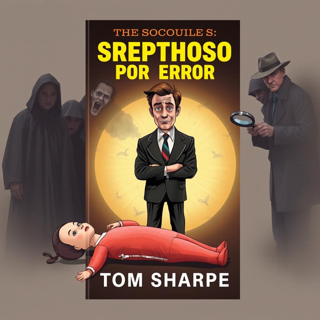 A book cover design for "Sospechoso por Error" featuring Henry Wilt at the center with a confused expression, wearing a modest suit that emphasizes his ordinary character