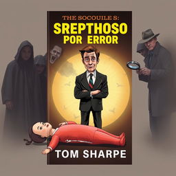 A book cover design for "Sospechoso por Error" featuring Henry Wilt at the center with a confused expression, wearing a modest suit that emphasizes his ordinary character