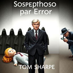 A book cover design for "Sospechoso por Error" featuring Henry Wilt at the center with a confused expression, wearing a modest suit that emphasizes his ordinary character