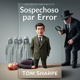 A book cover design for "Sospechoso por Error" featuring Henry Wilt at the center with a confused expression, wearing a modest suit that emphasizes his ordinary character