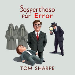 A book cover design for "Sospechoso por Error" featuring Henry Wilt at the center with a confused expression, wearing a modest suit that emphasizes his ordinary character