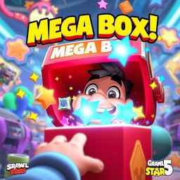 A dynamic scene capturing a player excitedly claiming rewards from the Mega Box in the game Brawl Stars