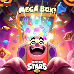 A dynamic scene capturing a player excitedly claiming rewards from the Mega Box in the game Brawl Stars