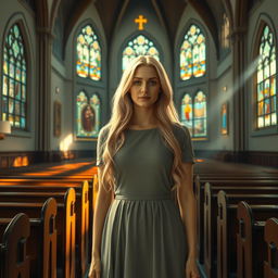 A serene depiction of a devout Christian woman with long blonde hair, standing in a picturesque church setting