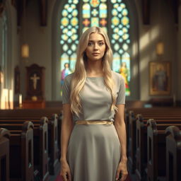 A serene depiction of a devout Christian woman with long blonde hair, standing in a picturesque church setting