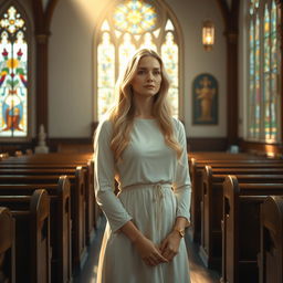 A serene depiction of a devout Christian woman with long blonde hair, standing in a picturesque church setting