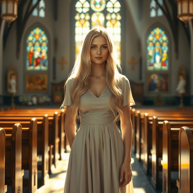 A serene depiction of a devout Christian woman with long blonde hair, standing in a picturesque church setting