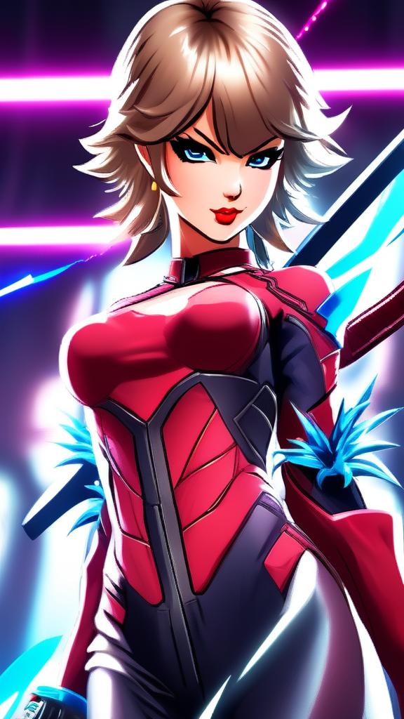 Anime-style Taylor Swift as a Tekken character with spiky hair streaked with blue highlights, dressed in a futuristic combat suit and holding an energy sword against a Tekken fighting stage background.