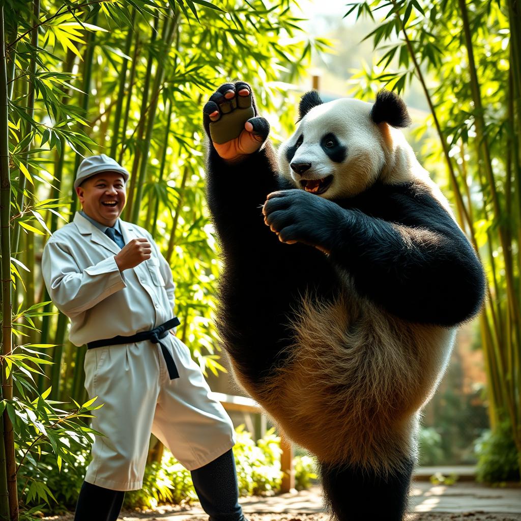 A realistic panda performing karate moves behind a zookeeper who is playfully teasing or making fun of the panda