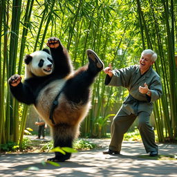 A realistic panda performing karate moves behind a zookeeper who is playfully teasing or making fun of the panda