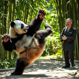 A realistic panda performing karate moves behind a zookeeper who is playfully teasing or making fun of the panda