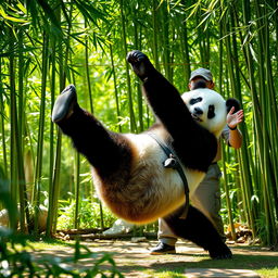 A realistic panda performing karate moves behind a zookeeper who is playfully teasing or making fun of the panda