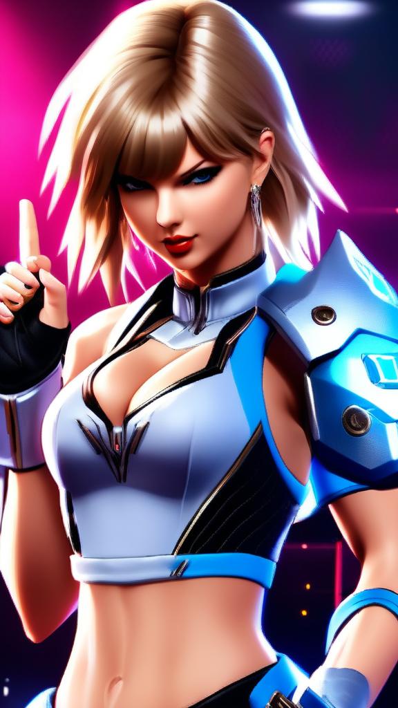 Anime-style Taylor Swift as a Tekken character with spiky hair streaked with blue highlights, dressed in a futuristic combat suit and holding an energy sword against a Tekken fighting stage background.