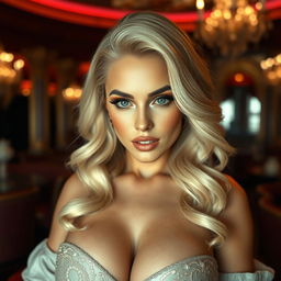 A hyper-realistic 12k image of a breathtaking blonde woman with a voluptuous figure