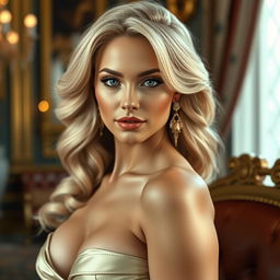 A hyper-realistic 12k image of a breathtaking blonde woman with a voluptuous figure