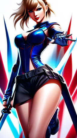 Anime-style Taylor Swift as a Tekken character with spiky hair streaked with blue highlights, dressed in a futuristic combat suit and holding an energy sword against a Tekken fighting stage background.