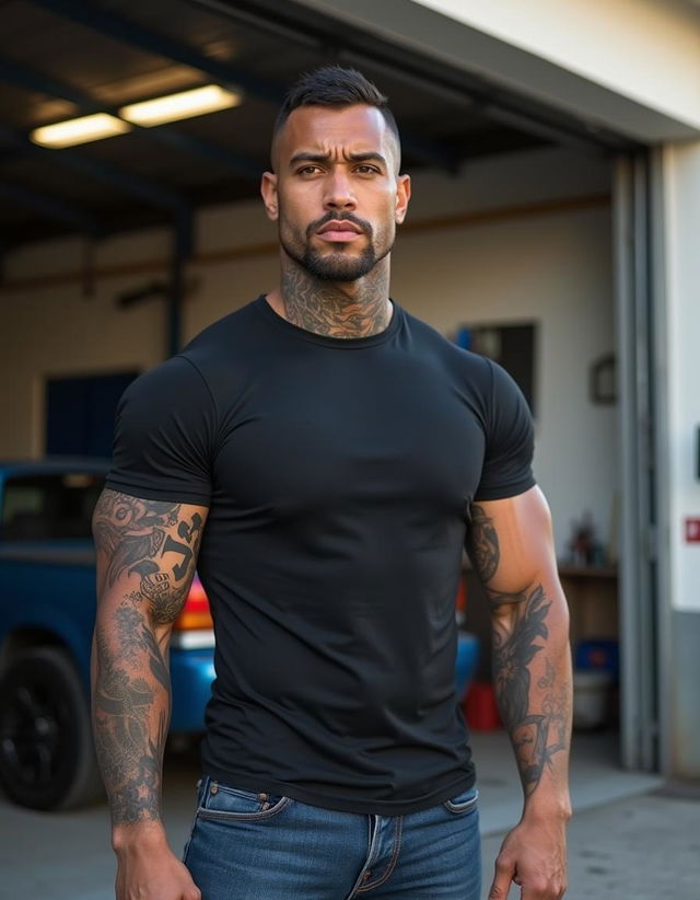 Photograph of a ruggedly handsome man, camera at eye level, half-Black half-Caucasian, 36 years old, masculine, tall, very muscular, fit, and lean