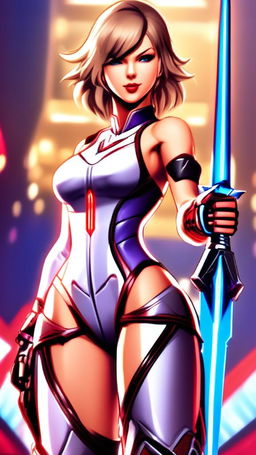 Anime-style Taylor Swift as a Tekken character with spiky hair streaked with blue highlights, dressed in a futuristic combat suit and holding an energy sword against a Tekken fighting stage background.