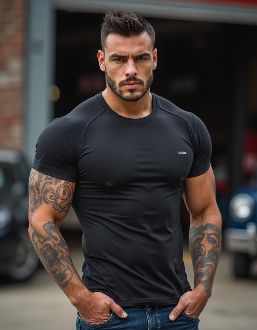 Photograph of a ruggedly handsome man, camera at eye level, half-Black half-Caucasian, 36 years old, masculine, tall, very muscular, fit, lean, with chiseled features, strong square jaw, high cheekbones, short black hair, light brown eyes, and full lips