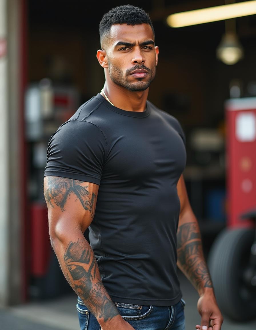 Photograph of a ruggedly handsome man, camera at eye level, half-Black half-Caucasian, 36 years old, masculine, tall, very muscular, fit, lean, with chiseled features, strong square jaw, high cheekbones, short black hair, light brown eyes, and full lips