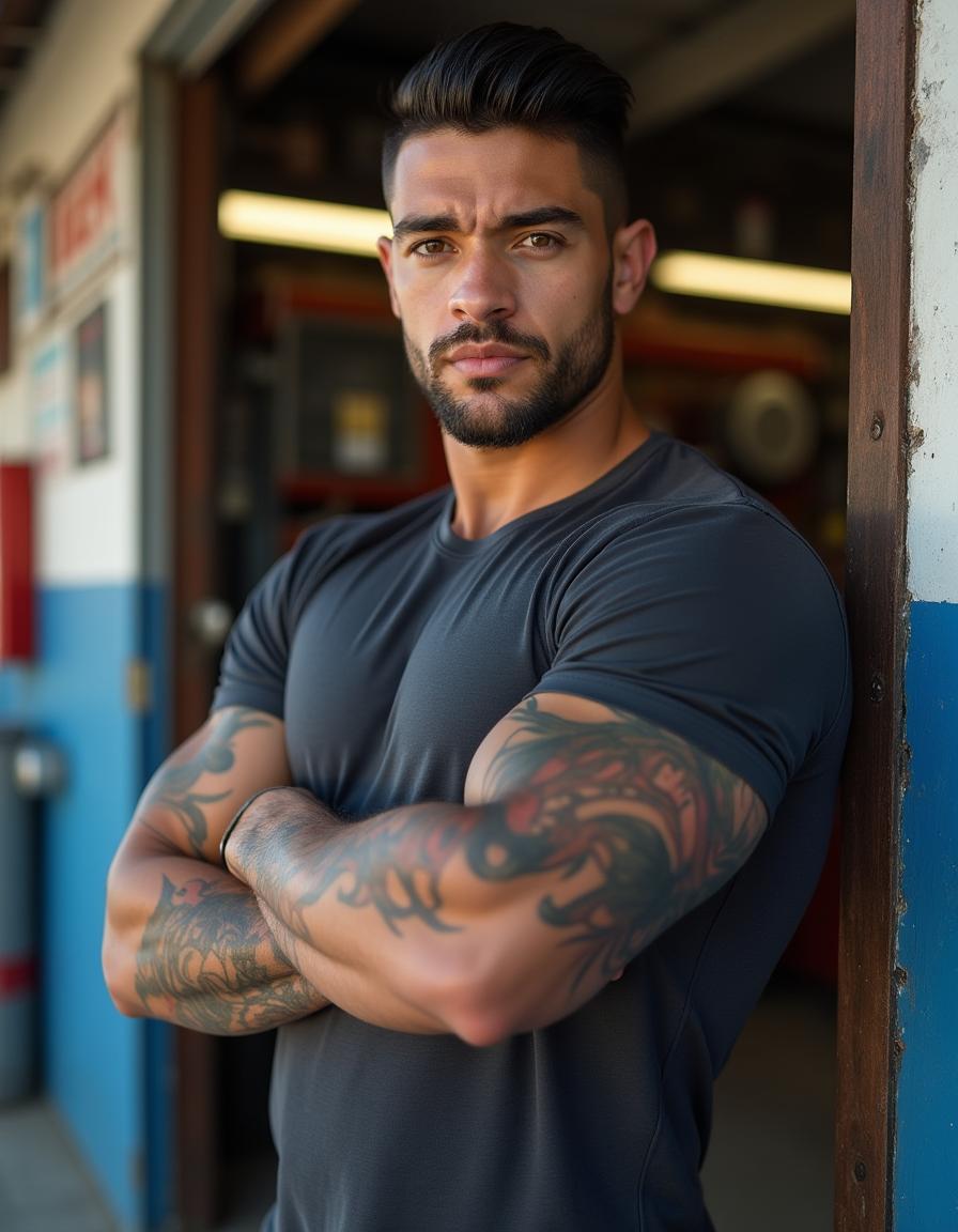 Photograph of a ruggedly handsome man, camera at eye level, half-Black half-Caucasian, 36 years old, masculine, tall, very muscular, fit, lean, with chiseled features, strong square jaw, high cheekbones, short black hair, light brown eyes, and full lips