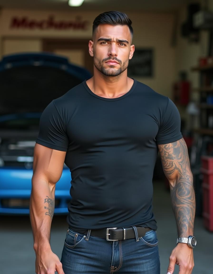 Photograph of a ruggedly handsome man, camera at eye level, half-Black half-Caucasian, 36 years old, masculine, tall, very muscular, fit, lean, with chiseled features, strong square jaw, high cheekbones, short black hair, light brown eyes, and full lips