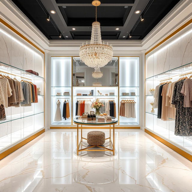 A luxurious women's clothing retail store featuring Carrara marble floors with golden details