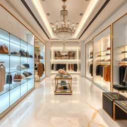 A luxurious women's clothing retail store featuring Carrara marble floors with golden details