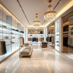 A luxurious women's clothing retail store featuring Carrara marble floors with golden details