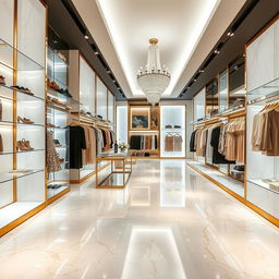 A luxurious women's clothing retail store featuring Carrara marble floors with golden details