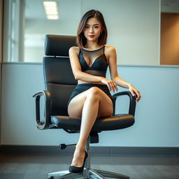 a stunning Taiwanese woman with medium-length hair confidently seated on an office chair, wearing a transparent black sports bra and a short skirt