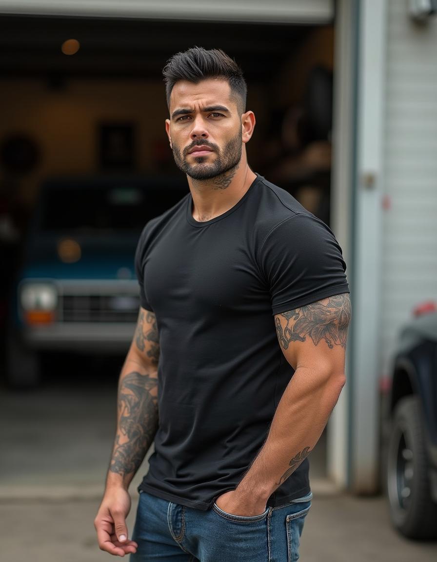 Photograph of a ruggedly handsome man, camera at eye level, half-Black half-Caucasian, 36 years old, masculine, tall, very muscular, fit, lean, with chiseled features, strong square jaw, high cheekbones, short black hair, light brown eyes, and full lips