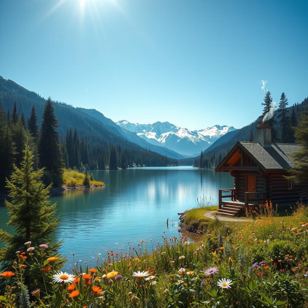 An ethereal oasis depicting a tranquil lake getaway in the heart of untouched nature